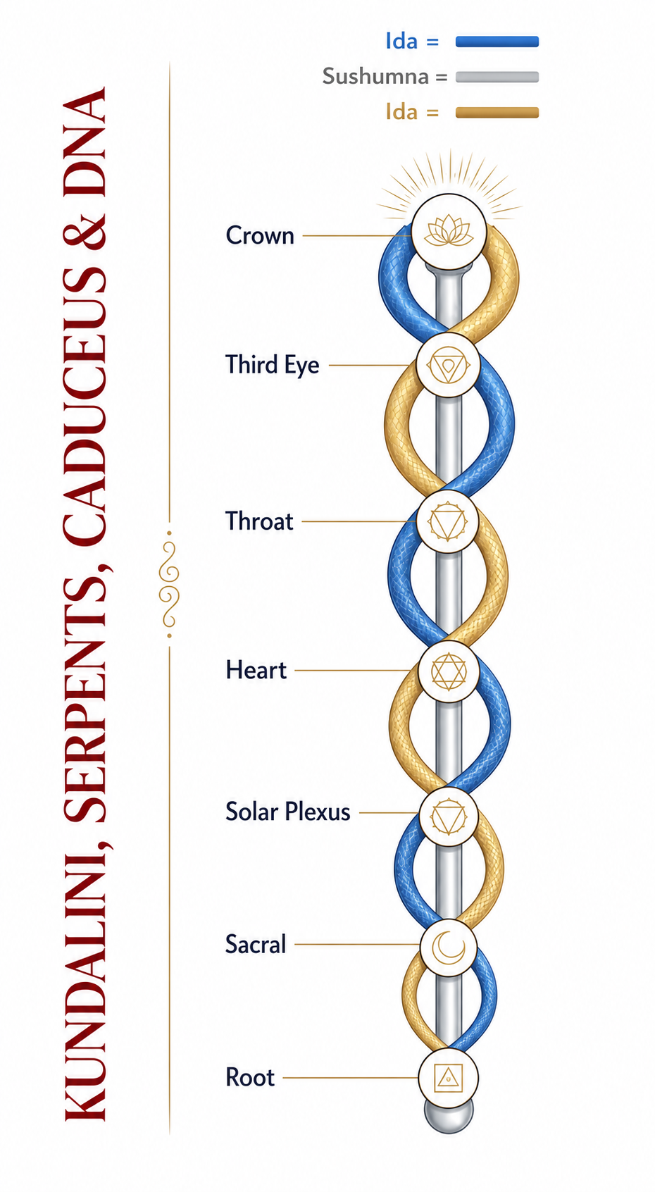 Kundalini awakening diagram showing the two serpentine currents Ida and Pingala wrapped around the central Sushumna pillar with seven chakras labeled, the same pattern as the caduceus and DNA double helix