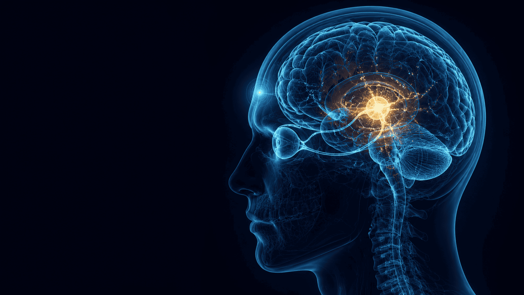 the activation process visualized, anatomical X-ray of the human head in profile with the pineal gland glowing amber at the geometric center of the brain