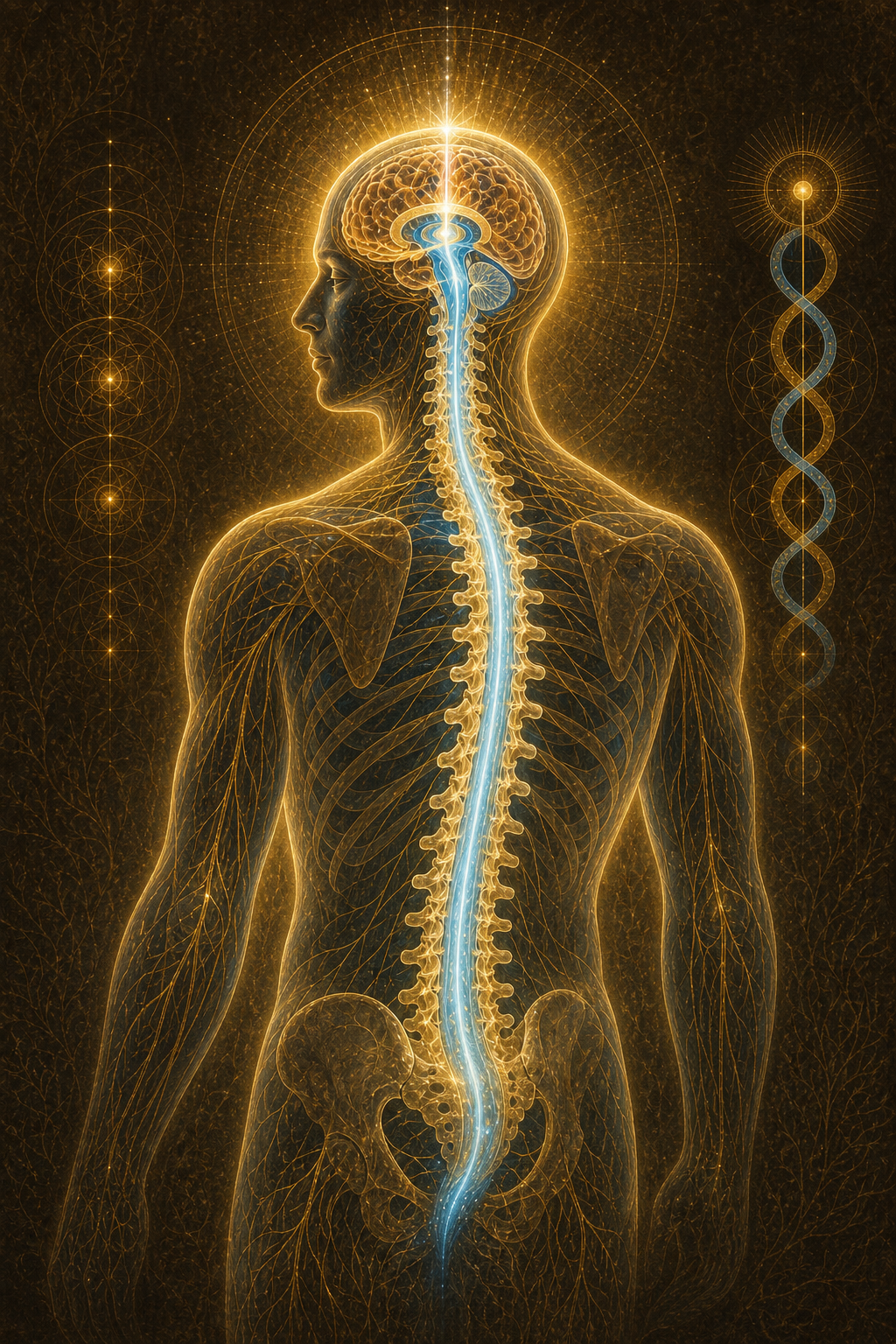 Sacred secretion visualization showing cerebrospinal fluid ascending the 33 vertebrae of the spine to the pineal gland, the inner current the ancient traditions called by many names