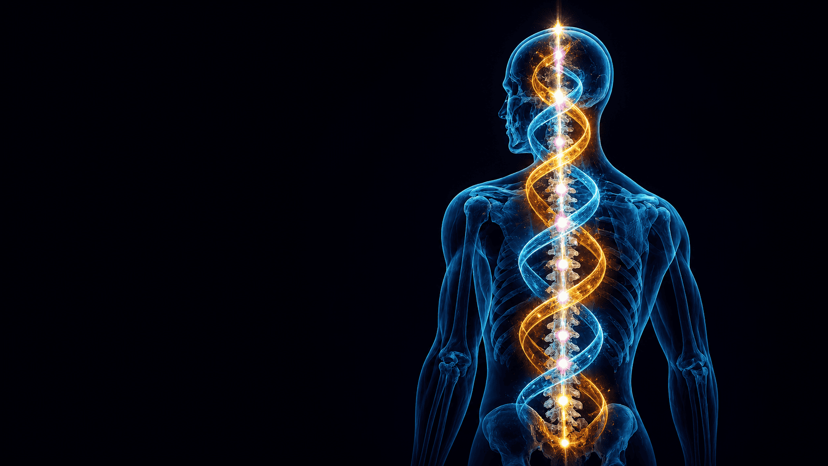 Kundalini awakening visualized, anatomical X-ray of the human body from the back with the spinal column showing two helical currents of gold and cyan ascending around the central white column of cerebrospinal fluid