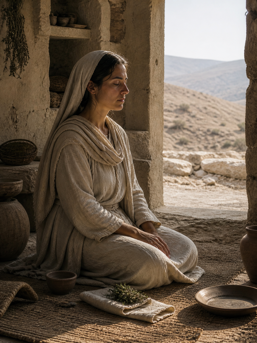 Biblical fasting and sacred secretion fasting practice, a woman in ancient robes in contemplative meditation during a three-day initiation rite