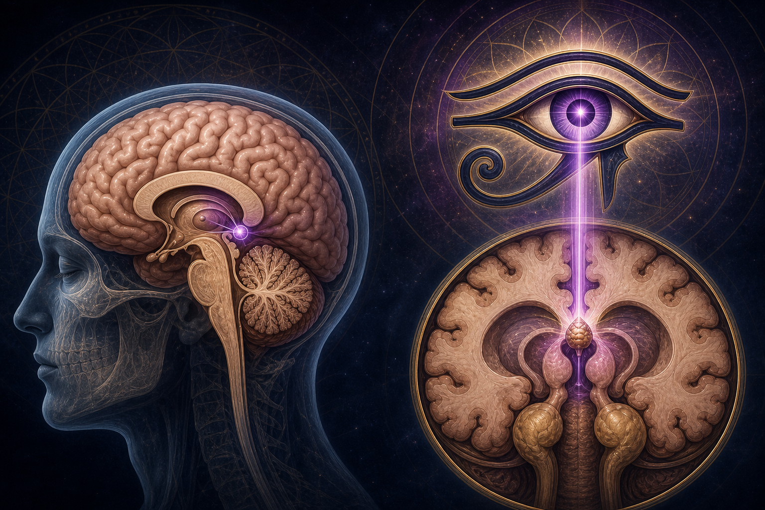 Pineal gland activation visualized, anatomical brain cross-section showing the pineal gland on the left and the Egyptian Eye of Horus encoded with the same midbrain anatomy on the right