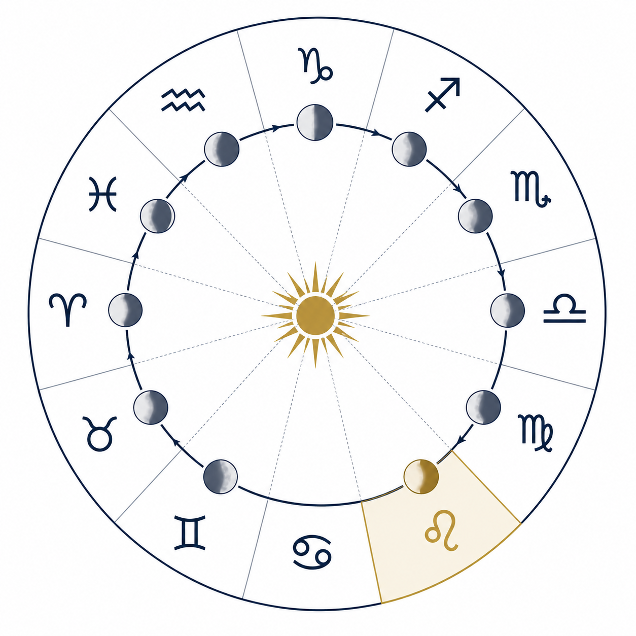 Sacred secretion calendar diagram showing twelve zodiac signs and twelve lunar phases with the moon transiting Leo highlighted in gold